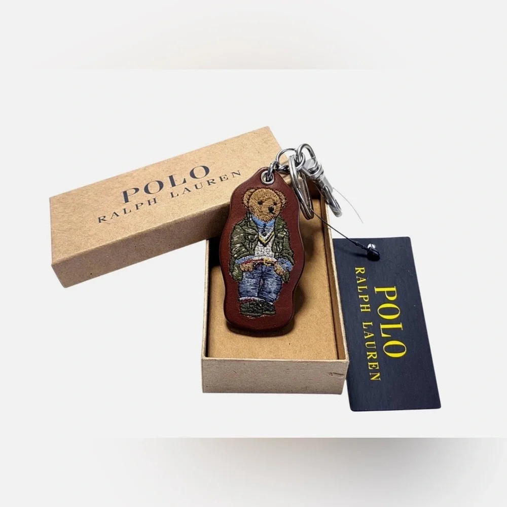 NEW Polo Ralph Lauren FIELD JACKET BEAR - LEATHER Key Ring Keychain - BROWN